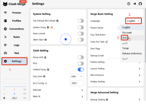 在 Settings → Verge Basic Setting → Language 中选择中文